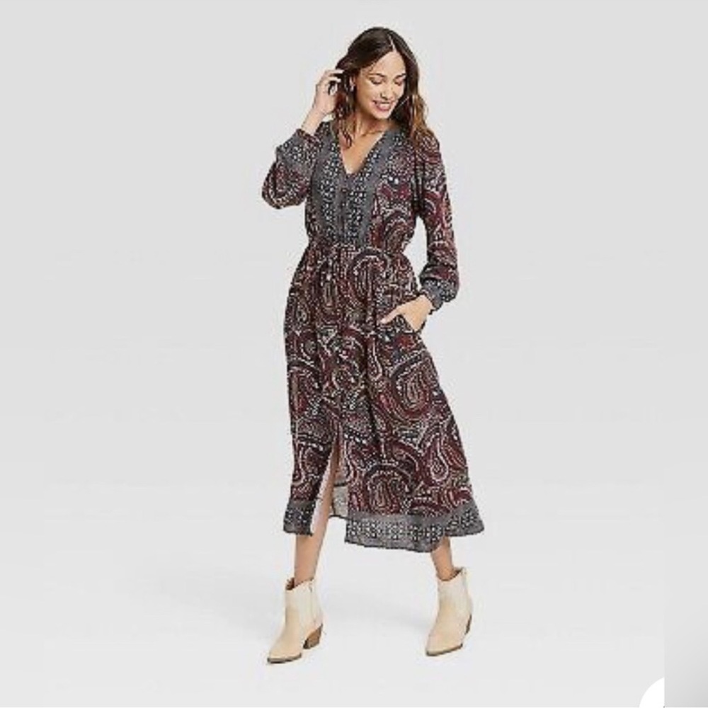 Knox Rose Paisley Bohemian Maxi Dress Long Sleeve V-Neck Button Front Night Sky